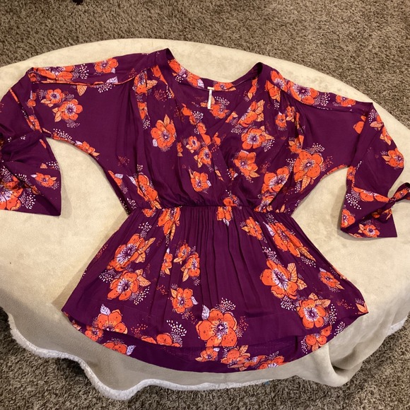 Free People Tuscan Dreams Floral Print Tie Sleeve Tunic Plum/Orange, Size Small - Picture 6 of 7